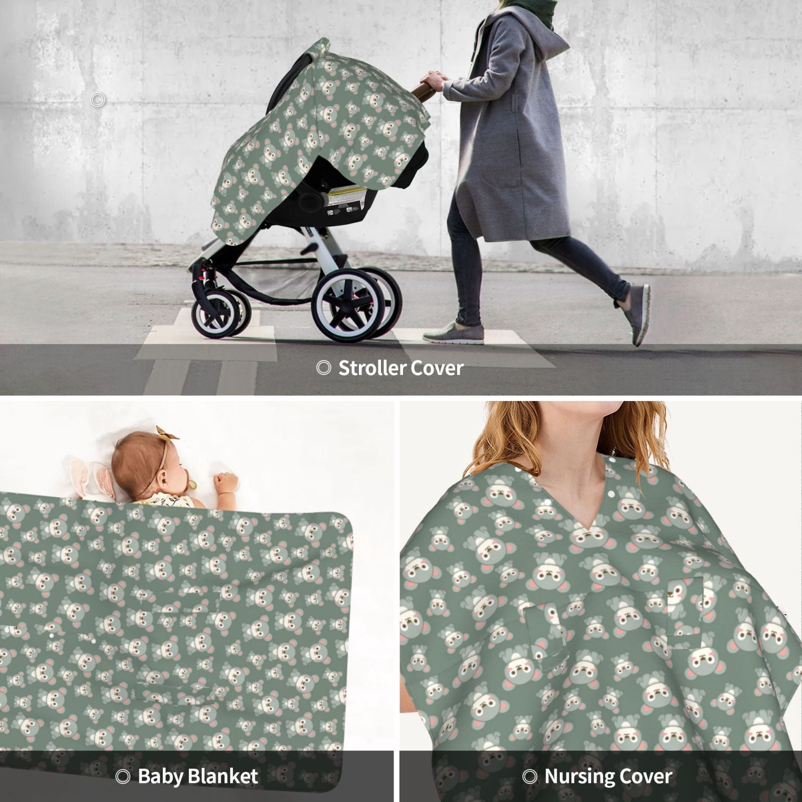 Car Seat Cover Baby - Cute Bear Print Green Breathable Infant Car Seat Cover for Baby Carseat, Lightweight Comfort Baby Essentials Must Haves Newborn Stuff for Girl Boy