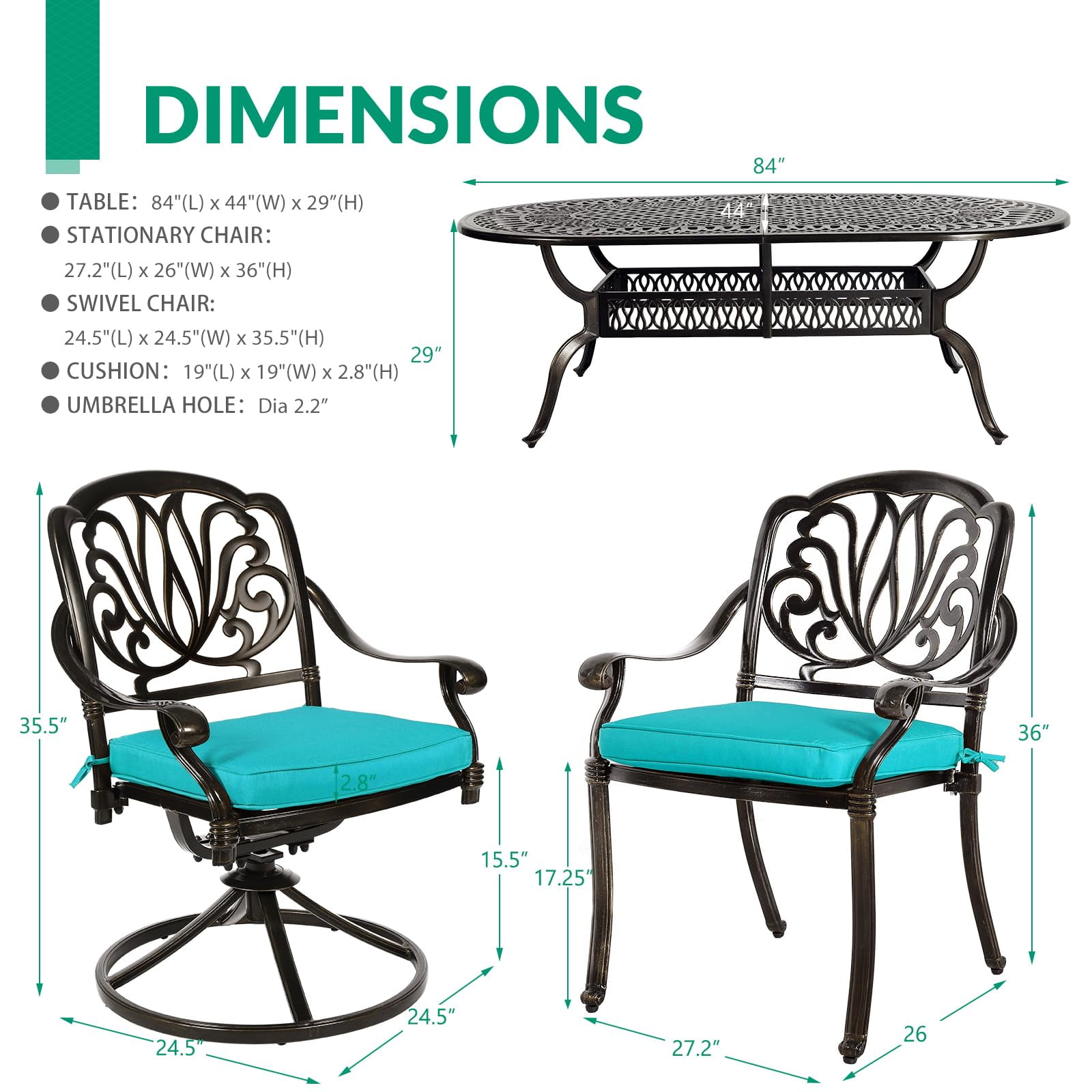 VIVIJASON 9-Piece Outdoor Furniture Dining Set, All-Weather Cast Aluminum Patio Conversation Set, Include 6 Stationary Chairs, 2 Swivel Dining Chairs, Oval Table with Umbrella Hole, Ocean Blue Cushion