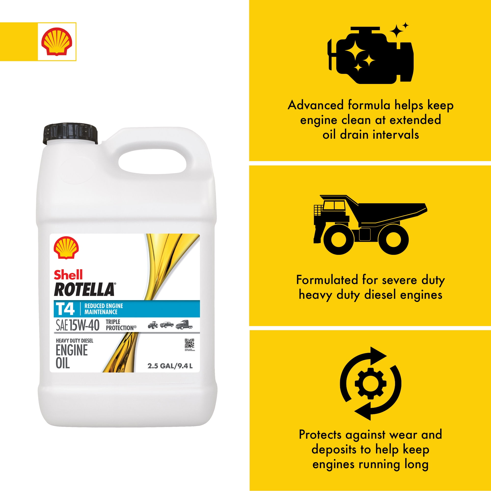 Shell Rotella T4 Triple Protection 15W-40 Diesel Engine Oil, 2.5 Gallon