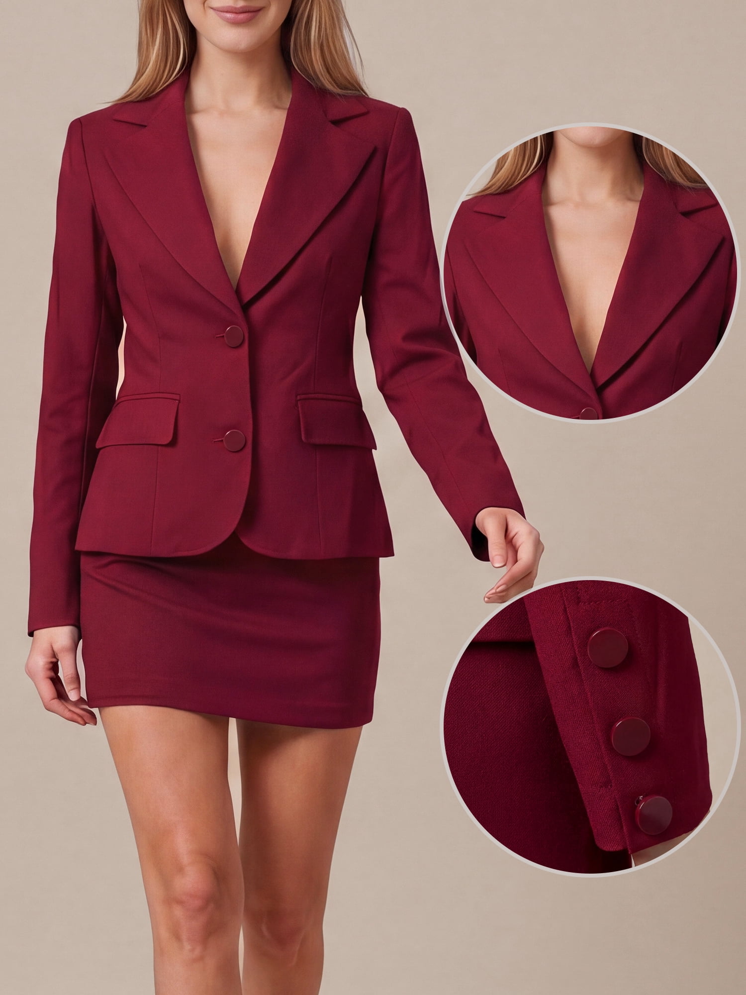 DARING DIVA Women's Blazer Single Breasted Notched Sleeve Slim Fit Jacket Small Burgundy