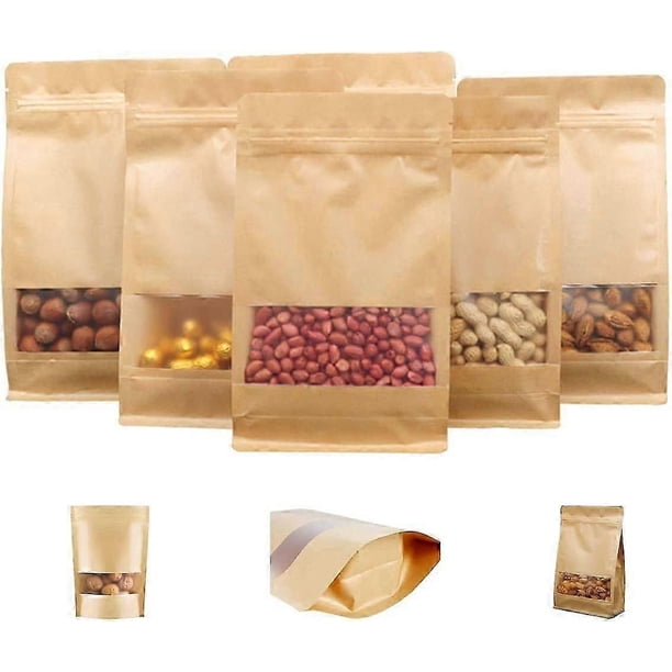 30 Pieces Kraft Paper Bags, Transparent Window Kraft Paper Bags, Zipper Reusable Kraft Paper Bags (14 * 24cm)