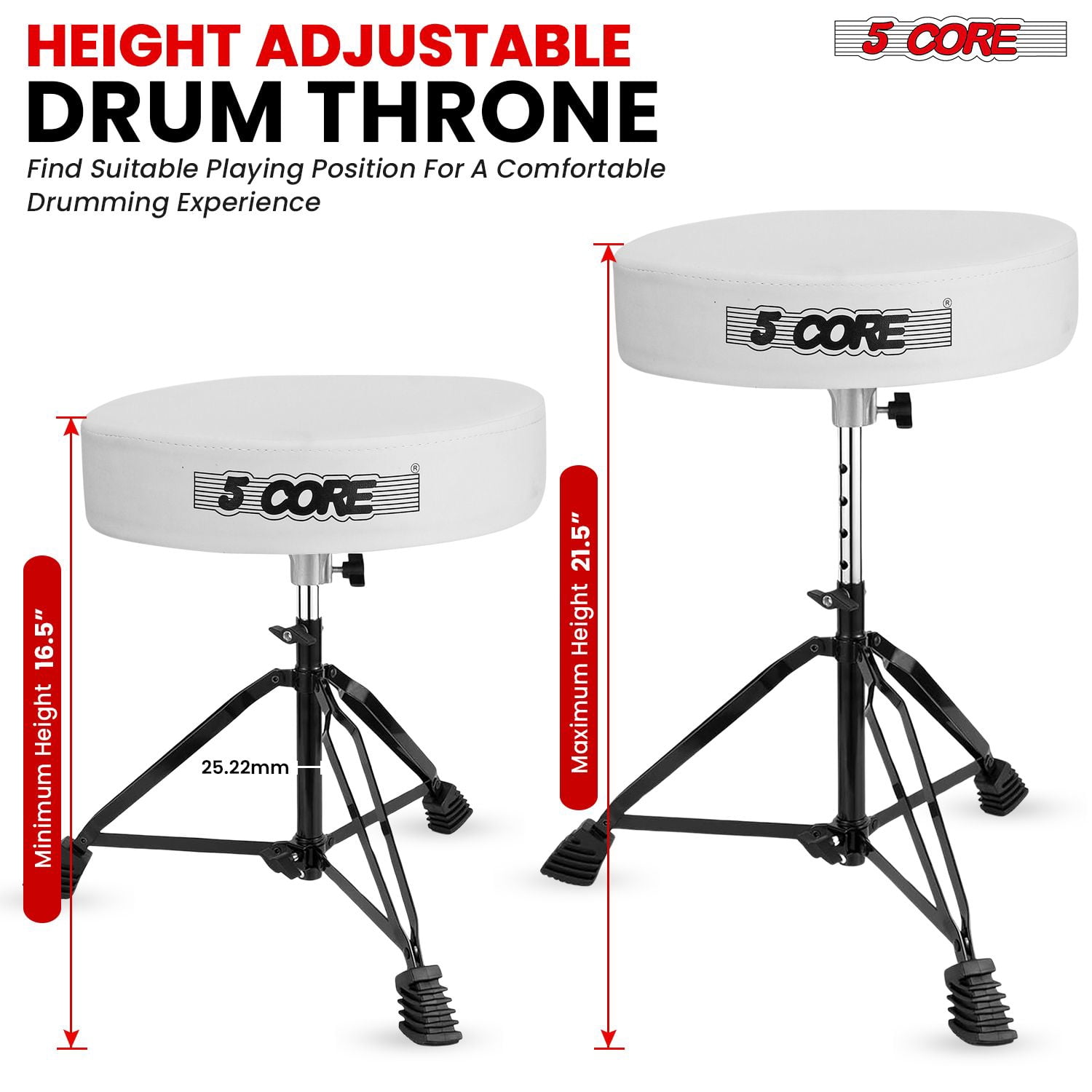 Drum Throne Padded Guitar Stool Height Adjustable Music Chair Seat Universal for Adults & Kids with Anti Slip Rubber Feet - DS BLKCH White