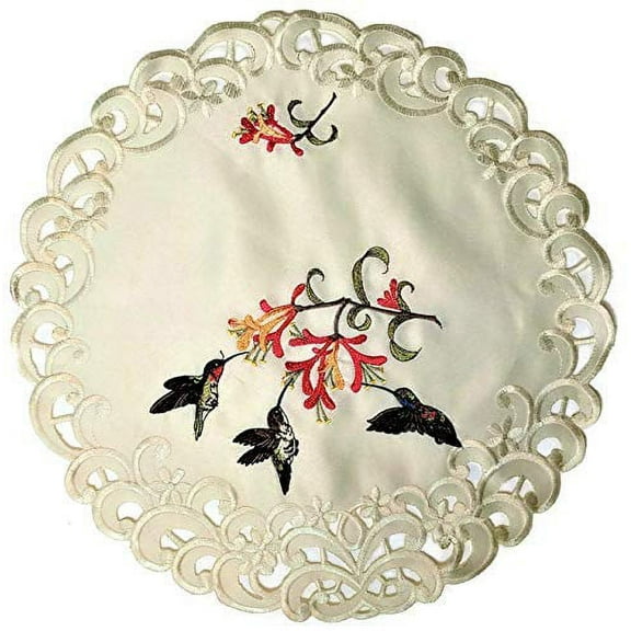 Doily Boutique Round Doily Embroidered with Hummingbirds on Ivory Material, Size 11 inches