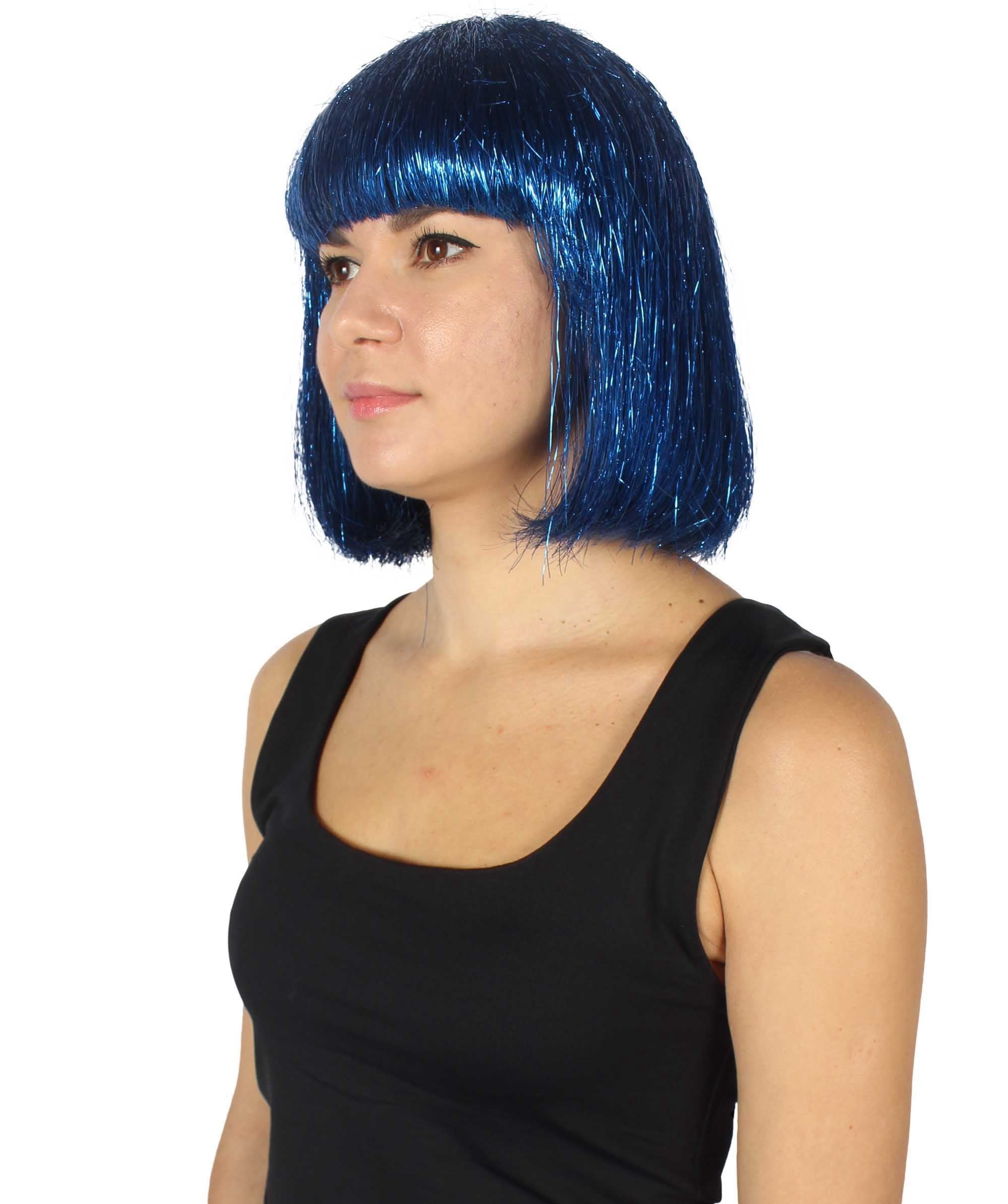 HPO Adult Women's Blue Tinsel Bob Wig - Breathable Capless Costume for Festival & Party