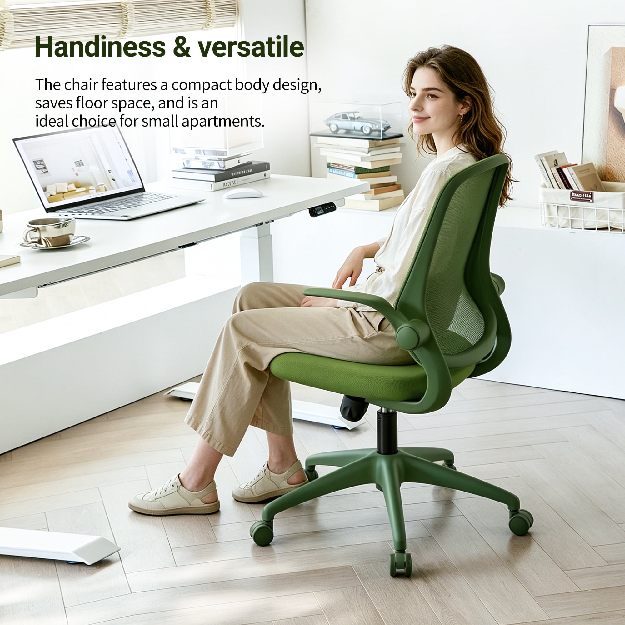 HOQBN Ergonomic Office Chair with Flip-Up Armrests, Breathable Mesh Back, Integrated Molded Foam Seat, 350lb Capacity,Green