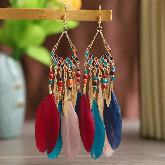Bohemian Ethnic Feather Dangle Earrings For Women Trendy Long Tassel Colorful Beads Drop Earrings Lady Female Boho Jewelry