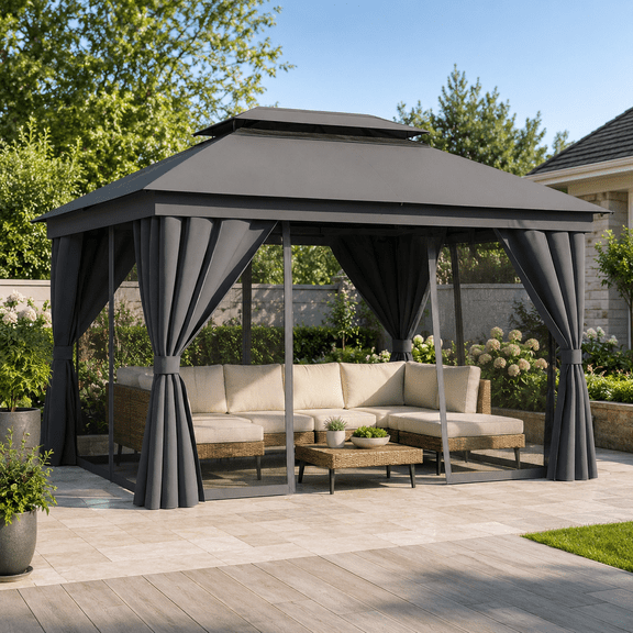 LAZZO 10'x13' Outdoor Gazebo, Double Roof Metal Frame Patio Canopy with Mosquito Netting & Privacy Screens, Gray
