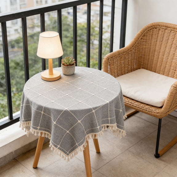 CuiLiyq Round Table Cover, Textured Checkered Tablecloth with Tassels, Washable Protective Cover for Dining Room, Small Kitchen Table