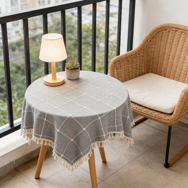 Tassel Embellished Tablecloth 35.43In Waterproof Oil Proof Property Soft Fabric Texture Table Scratch Spill Protection for Home Restaurant Formal Dinner Family Gathering Holiday Celebration Decor