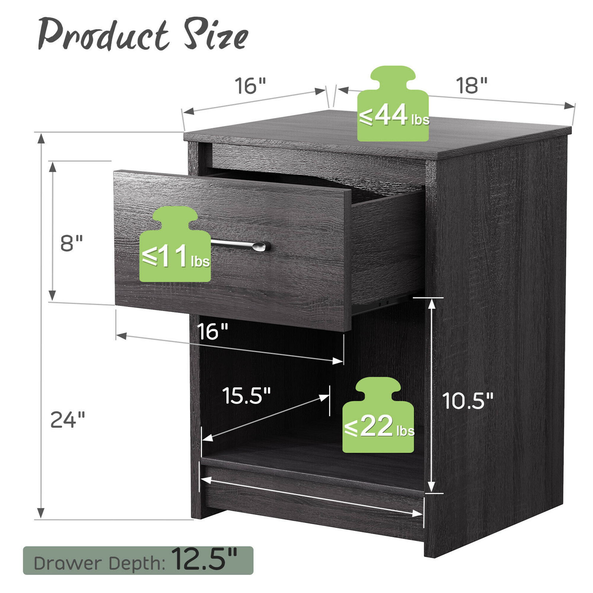 Gymax Black Nightstand with Drawer Storage Shelf Wooden End Side Table Bedroom