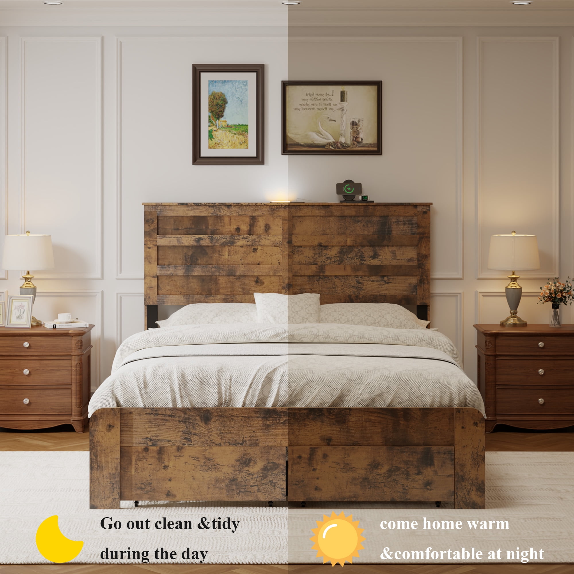 Mintazer Farmhouse&nbsp;Queen Bed Frame with 2 Storage Drawers, Wooden Platform Bed with LED Headboard & Charging Station, No Box Spring Needed, Brown