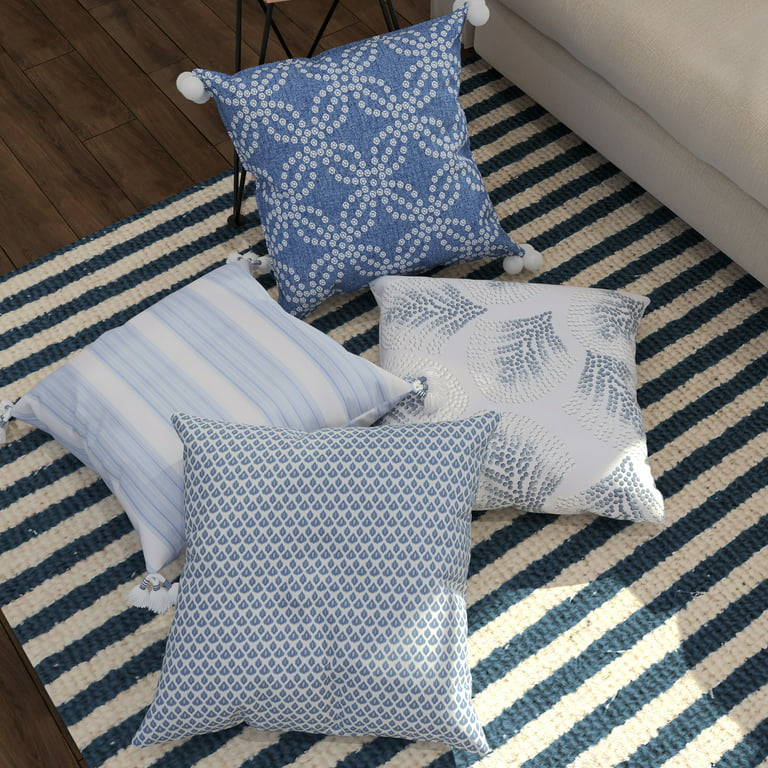 Coordinating Decorative Throw Pillow Covers, Square, 18 x 18, Blue, Set  of 4, Stripes and Geometric Patterns with Tassels for Living Room, Bed, and