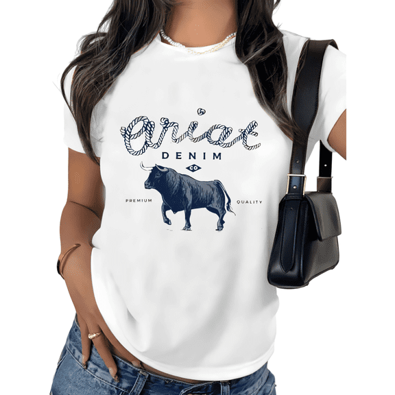 White Western Denim Bull Print Tshirt Graphic Tees Shirts Vintage Ranch Fashion S-5XL Tops