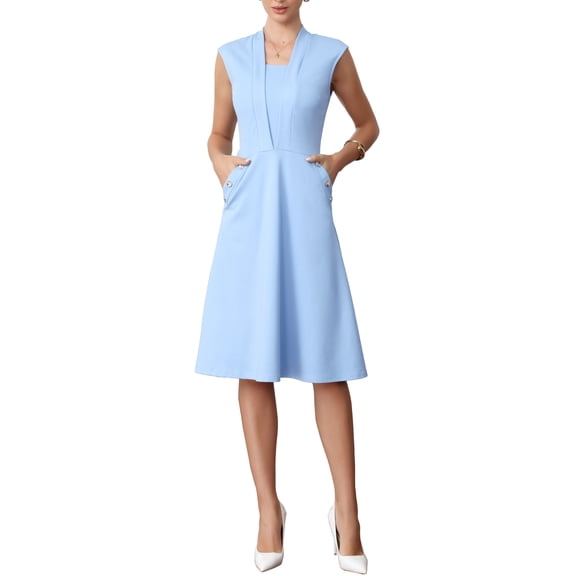 2026 Summer Dress for Women Midi Length Cap Sleeve Pockets Elegant Office Work Dresses XS Light Blue
