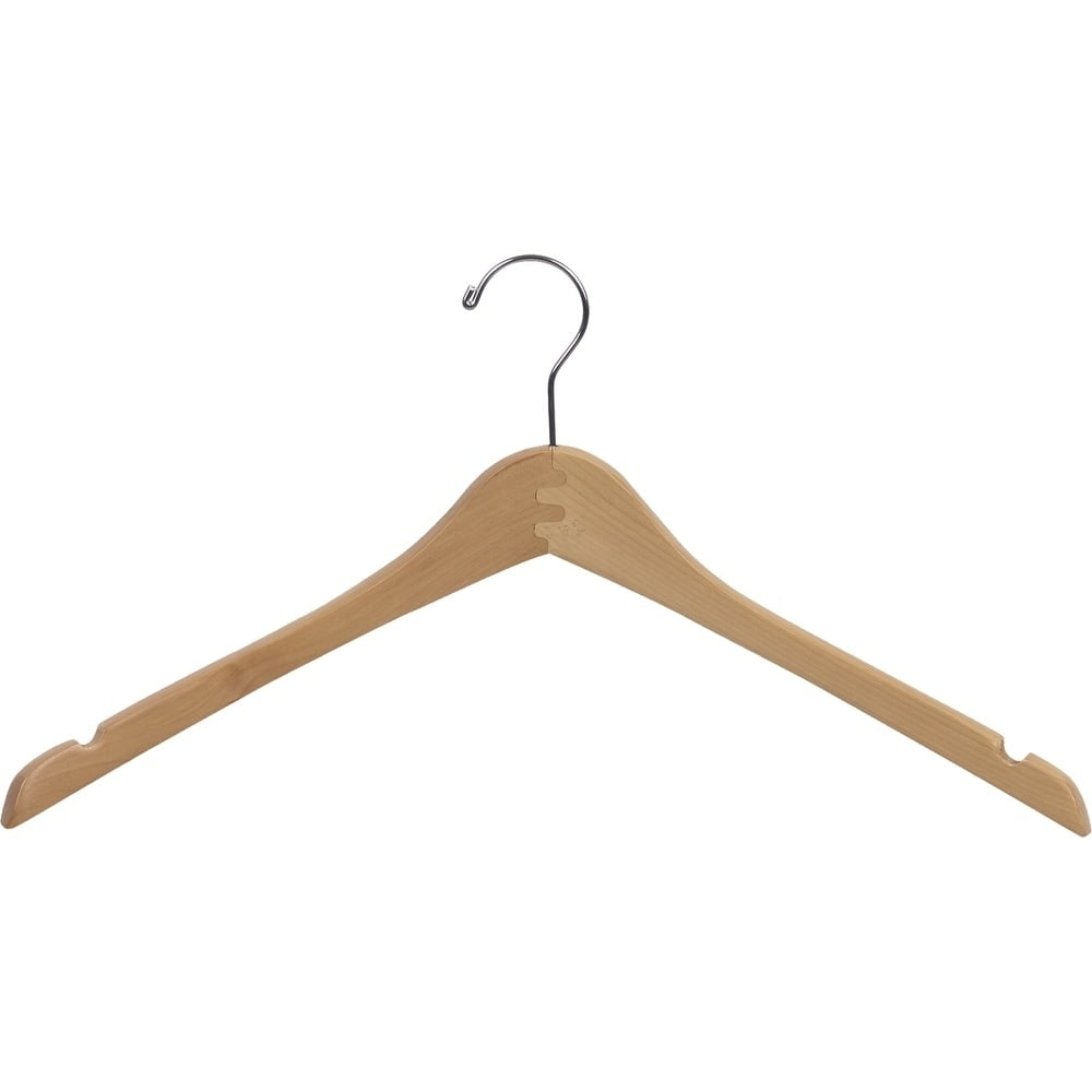 International Hanger Wooden Curved Top/Coat Hanger, Natural Finish with Chrome Hardware, Box of