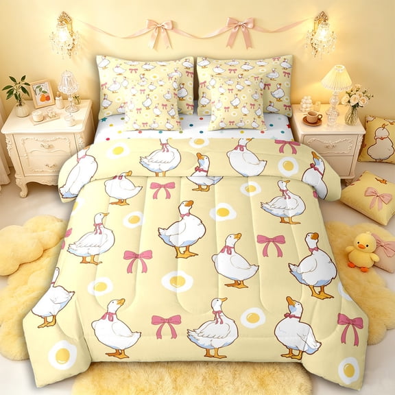 Manfei Kawaii Duck Twin Bedding Sets 7-Piece for Kids Girls Boys,Cute Animal Bowknot Bedding Comforter Set,Luxury Bedroom Decor
