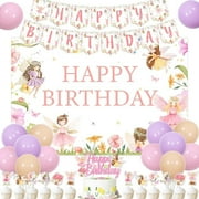 Fairy Birthday Party Decorations for Girls, Fairy Garden Bday Party Supplies with Happy Birthday Backdrop Banner Balloons Cake Topper 12Pcs Cupcake Toppers, Fairy Themed Birthday Decors
