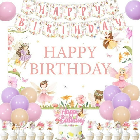 Fairy Birthday Party Decorations for Girls, Fairy Garden Bday Party Supplies with Happy Birthday Backdrop Banner Balloons Cake Topper 12Pcs Cupcake Toppers, Fairy Themed Birthday Decors