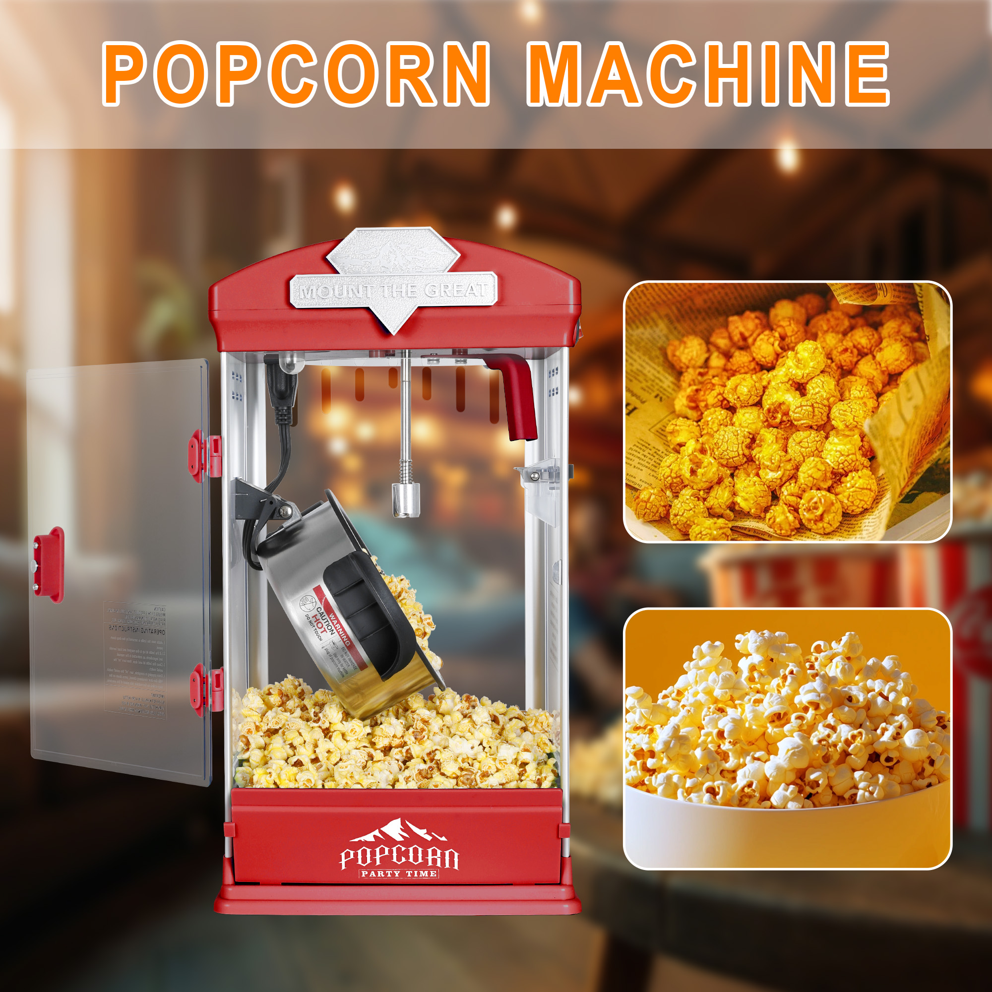 Yoneston 8 oz Commercial Countertop Popcorn Machine, 600W Kettle Popcorn Maker, Container Produces 2 Gallon per Cycle, Comes with 3 Ladles for Home Moive Parties, Red