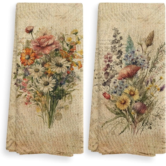 Vintage Floral Kitchen Towels and Dishcloths Set of 2, Vintage Decorative Kitchen Towels, Bouquet Decorative Towels, Retro Wildflowr Drying Cloth Hand Towels for Bathroom Kitchen, 16×24 Inches