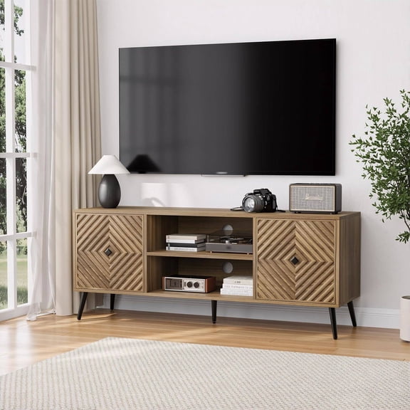 Walnut TV Stand with Fluted Doors, 55.12" Modern Media Console for TVs up to 65", Adjustable Shelf & 2 Cabinets
