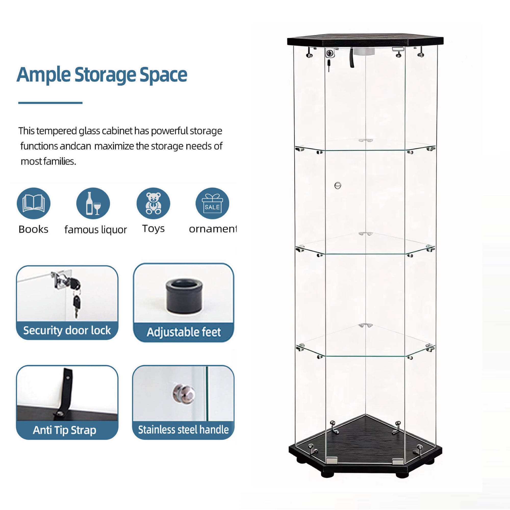 4-Tier Glass Display Cabinet with Glass Doors,Corner Storage Cabinet,Curio Cabinet & Bookshelf, Collection Showcase for Home Office,Black