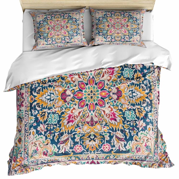Colorful Boho Bedding 3 Piece Duvet Cover Set Queen Size, Ethnic Vintage Mexican Flowers Southwestern Soft Microfiber Comforter Cover with Zipper Closure & Pillowcases, FadeResistant Quilt Cover