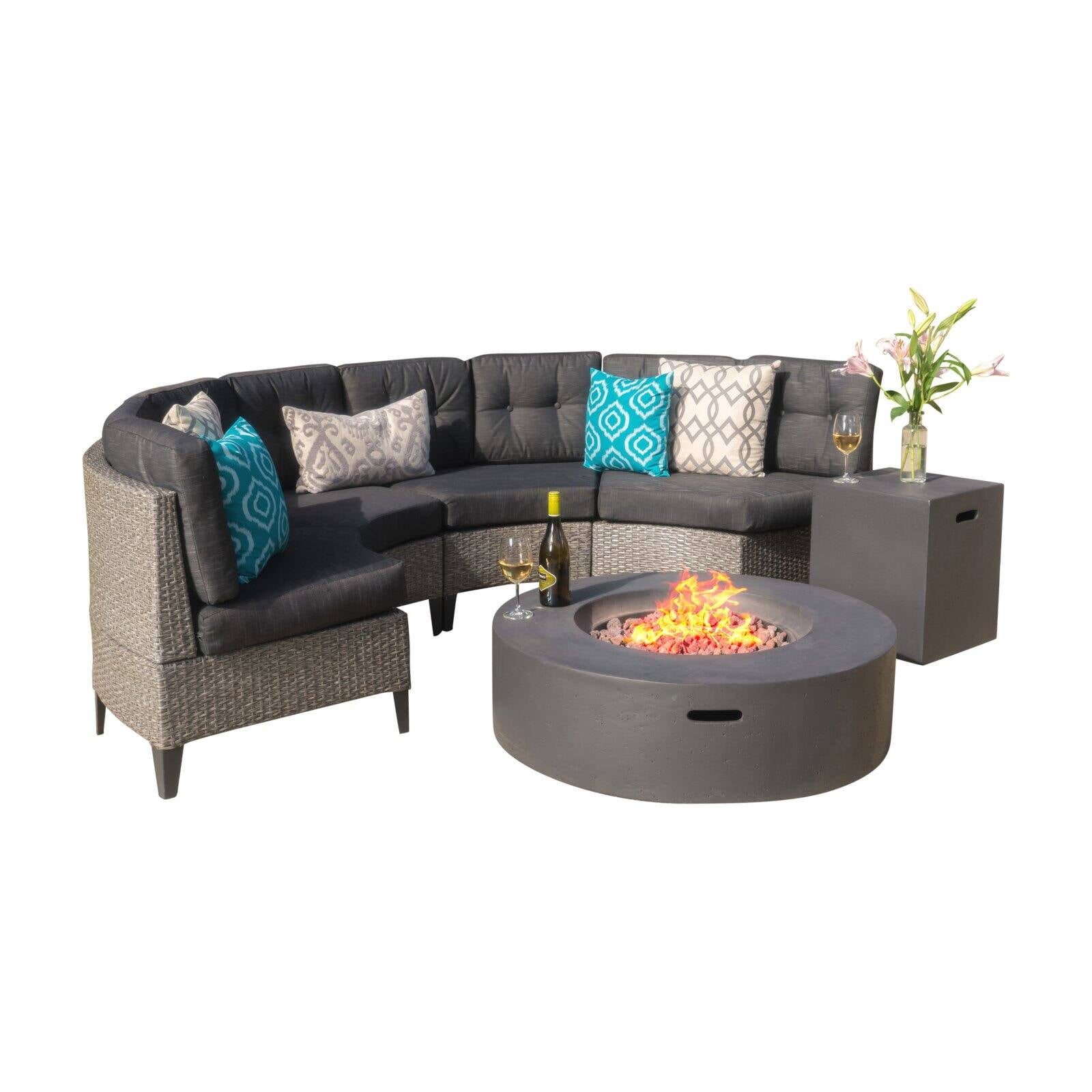 Home Navagio Wicker 6 Piece Half Round, Outdoor Sectional With Fire Pit