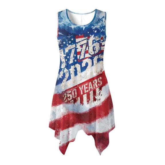 HELLHERO Asymmetric Hem Midi Dress, American Flag Side Pockets Summer Sleeveless Dress, Round Neck Pleated Sleeveless Sundress for Leisure Travel Vacation