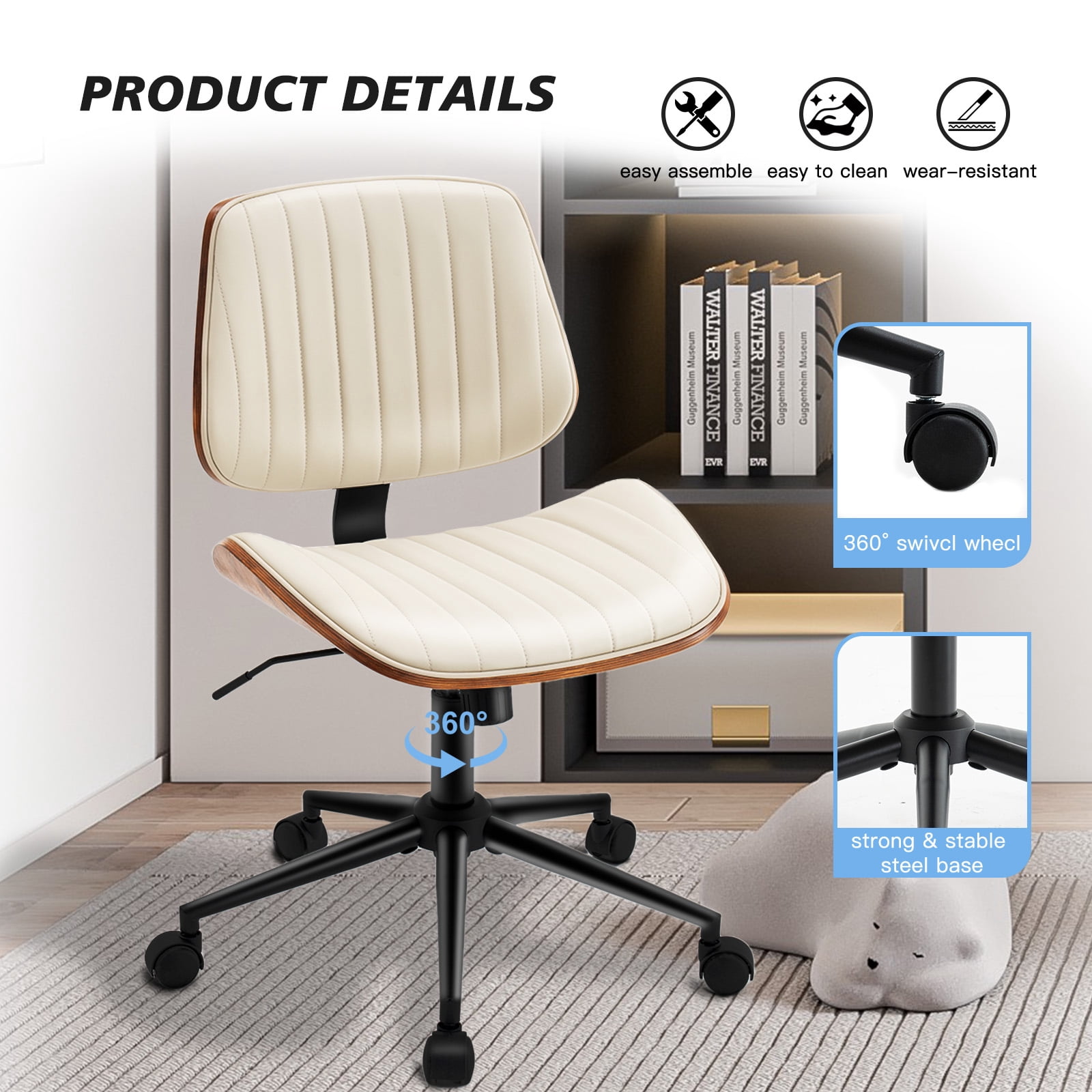 Rongbuk Home Office Chair, PU Leather Comfy Office Desk Chair with Wheels, Adjustable 360° Swivel Ergonomic Computer Chair, Armless Modern Vanity Chair Walnut Chair for Home Office, Beige