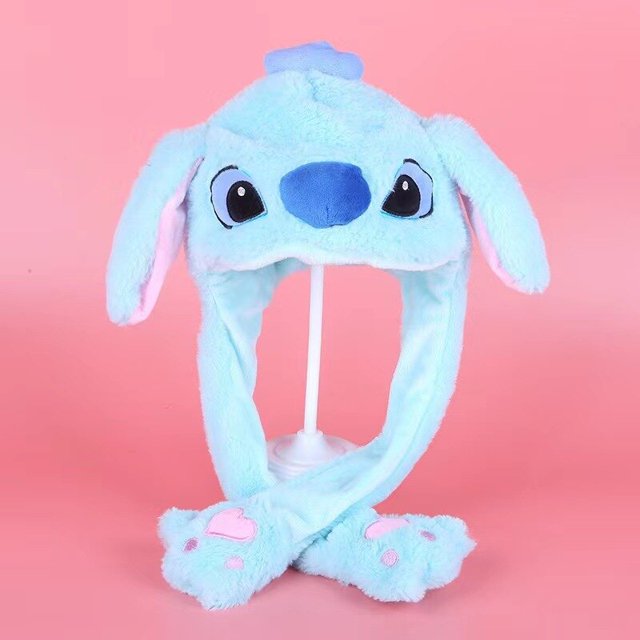 Disney-gorro de felpa con Orejas de conejo Lilo & Stitch para niños, gorro luminoso brillante, figura de acción, gorro de costura con orejas móviles divertidas