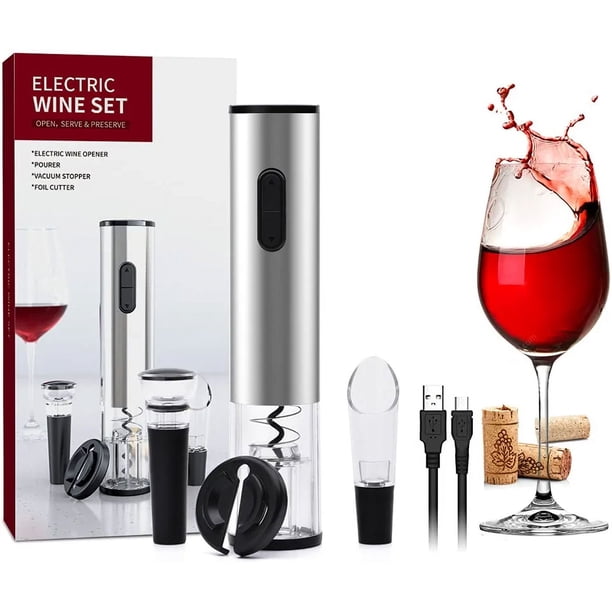 Abridor de botellas eléctrico, kit abridor de botellas recargable, abridor de botellas eléctrico con cortador de aluminio, dispensador de vino, tapón de vino al vacío y cable de carga USB