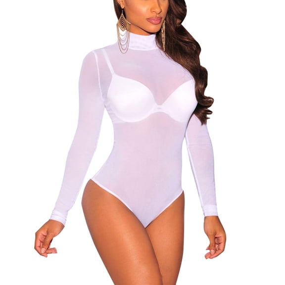 Coduop Women Sheer Long Sleeve Leotard Shirt Tops Clubwear Romper Jumpsuit Blouse