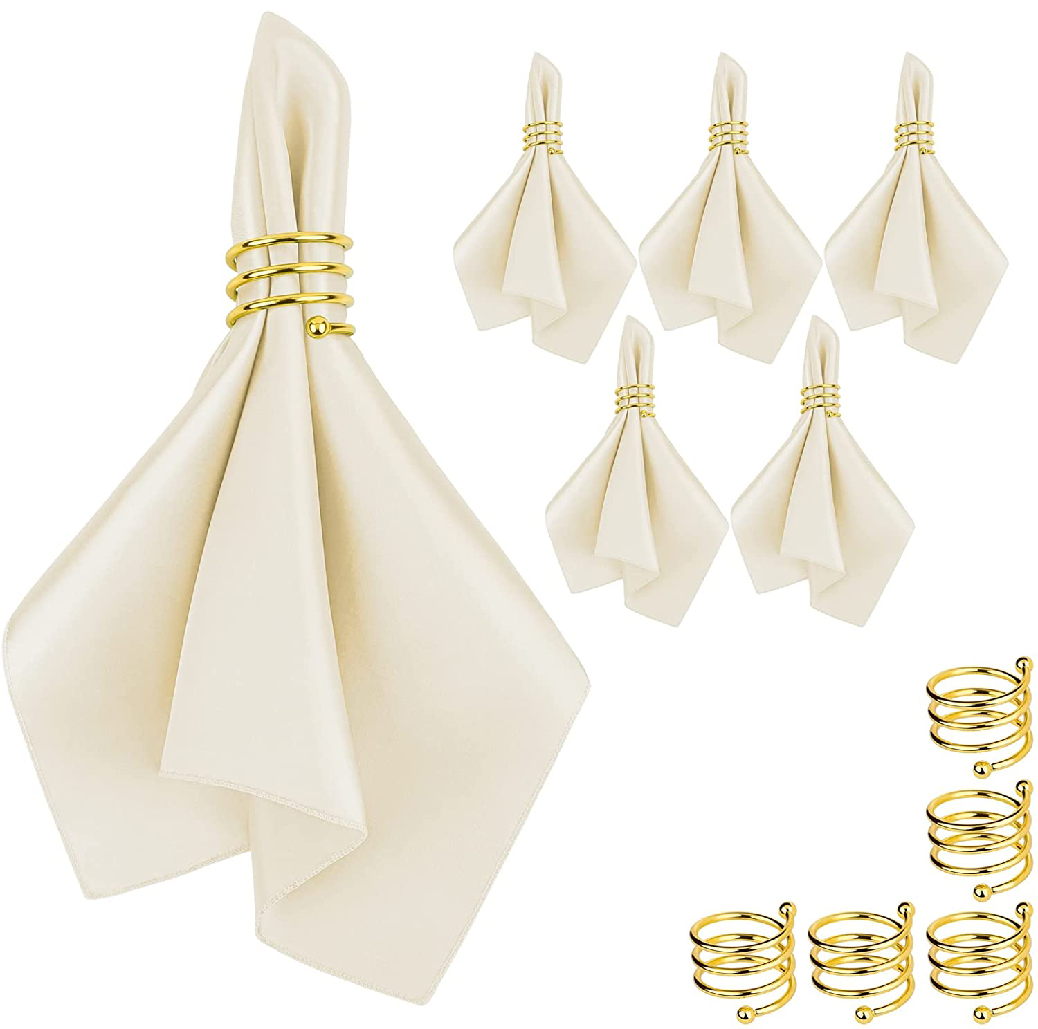 Cloth Napkins and Gold Napkin Rings Set of 6 Satin Dinner Table Napkins