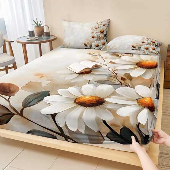 Queen Size Fitted Sheet Set - Spring Floral 3 Piece Bedding Sets 16" Deep Pocket Fitted Sheet with 2 Pillowcases, Daisy Summer Botanical Vintage Flowers Brushed Microfiber Hotel Luxury Bed Sheets