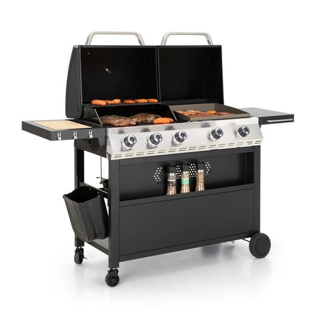 Summit Living 5-Burner Outdoor Propane Gas Grill and Griddle Combo BBQ Grill with Lid 54,000 BUT