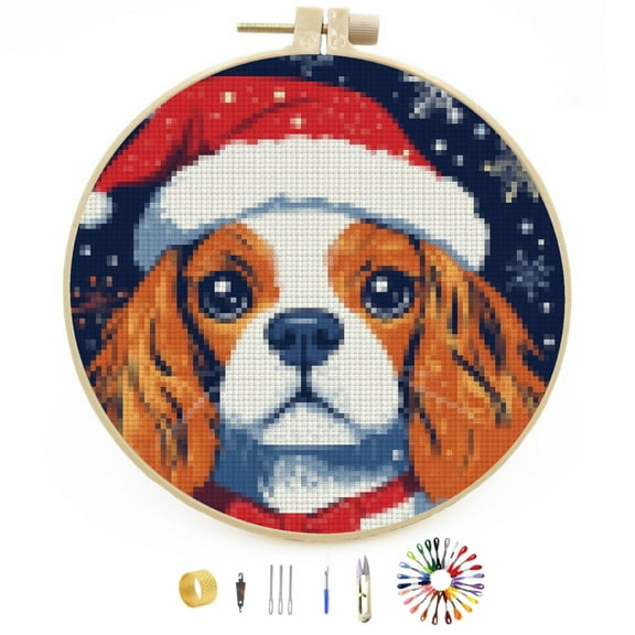 Merry Christmas Cavalier King Charles Dog DIY Stamped Cross Stitch Kits Easy for Beginners with Hoop 11CT Counted Embroidery Needlepoint Crafts Arts for Handmade Enthusiasts and Home Decor 30x30cm(1)