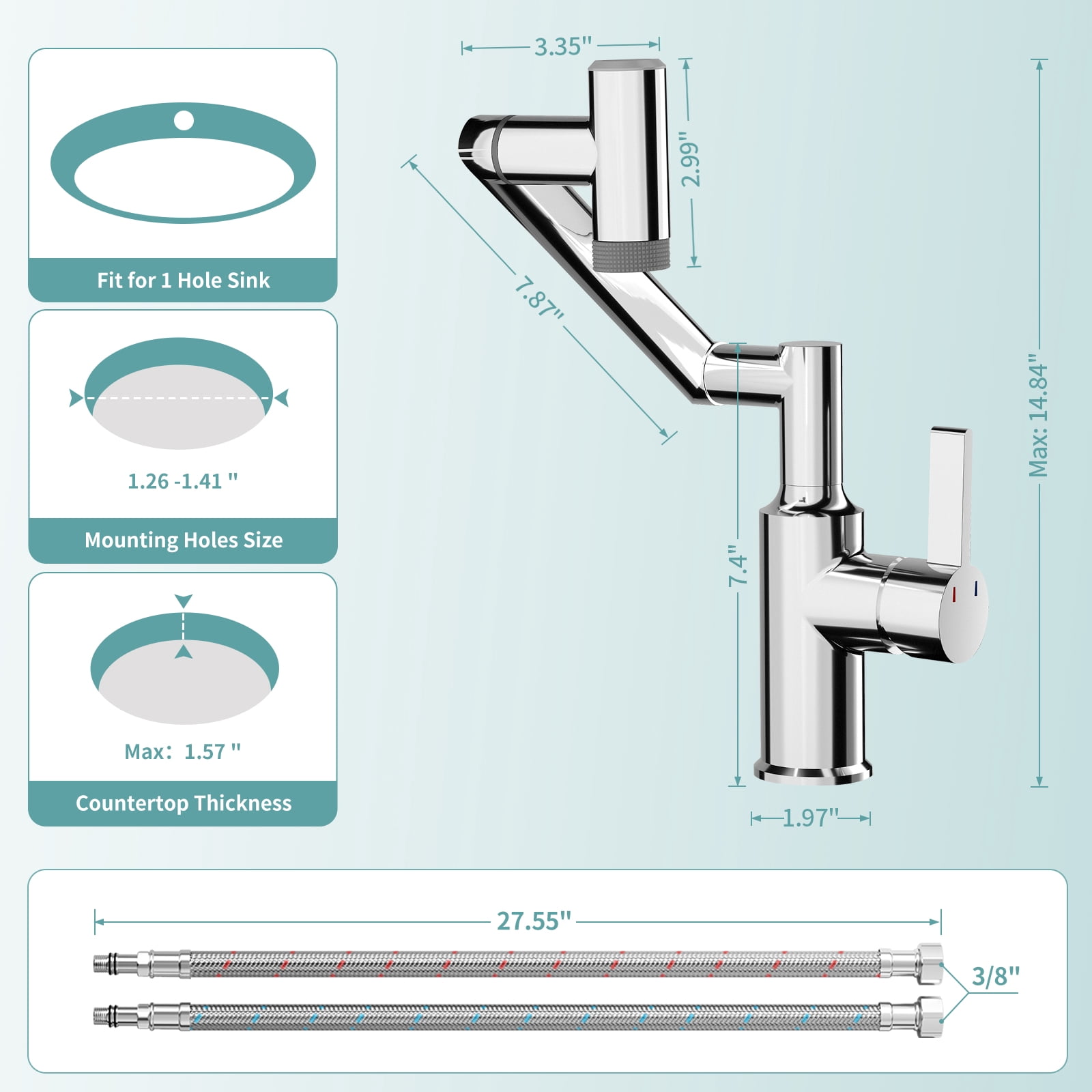 KAIYING Rotatable Bathroom Faucet with Digital Temperature Display, 1080 Degree Swivel Single Handle Sink Tap with 2 Spray Modes, Chrome
