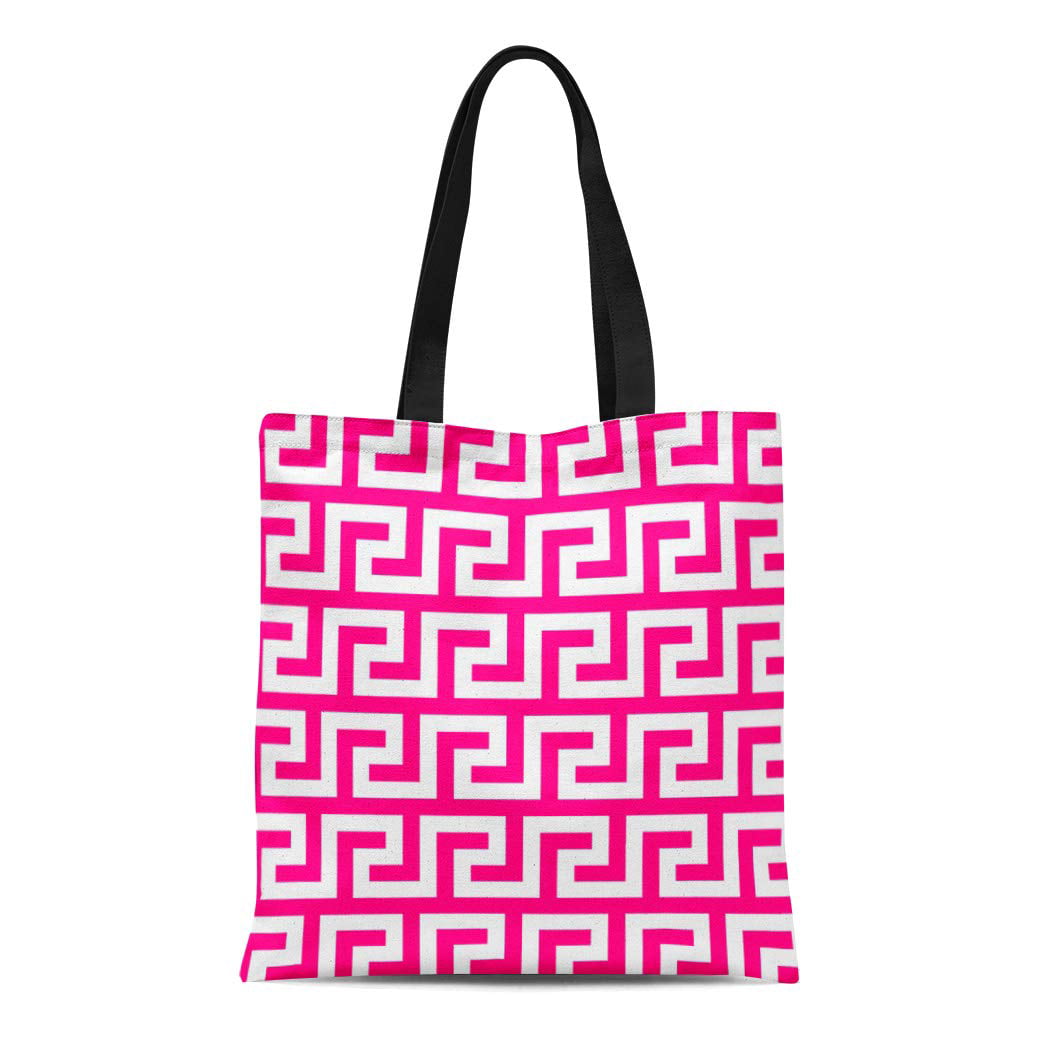 LADDKE Canvas Tote Bag Colorful Garden Hot Pink Greek Pattern Patio Modern Key Reusable Handbag ...