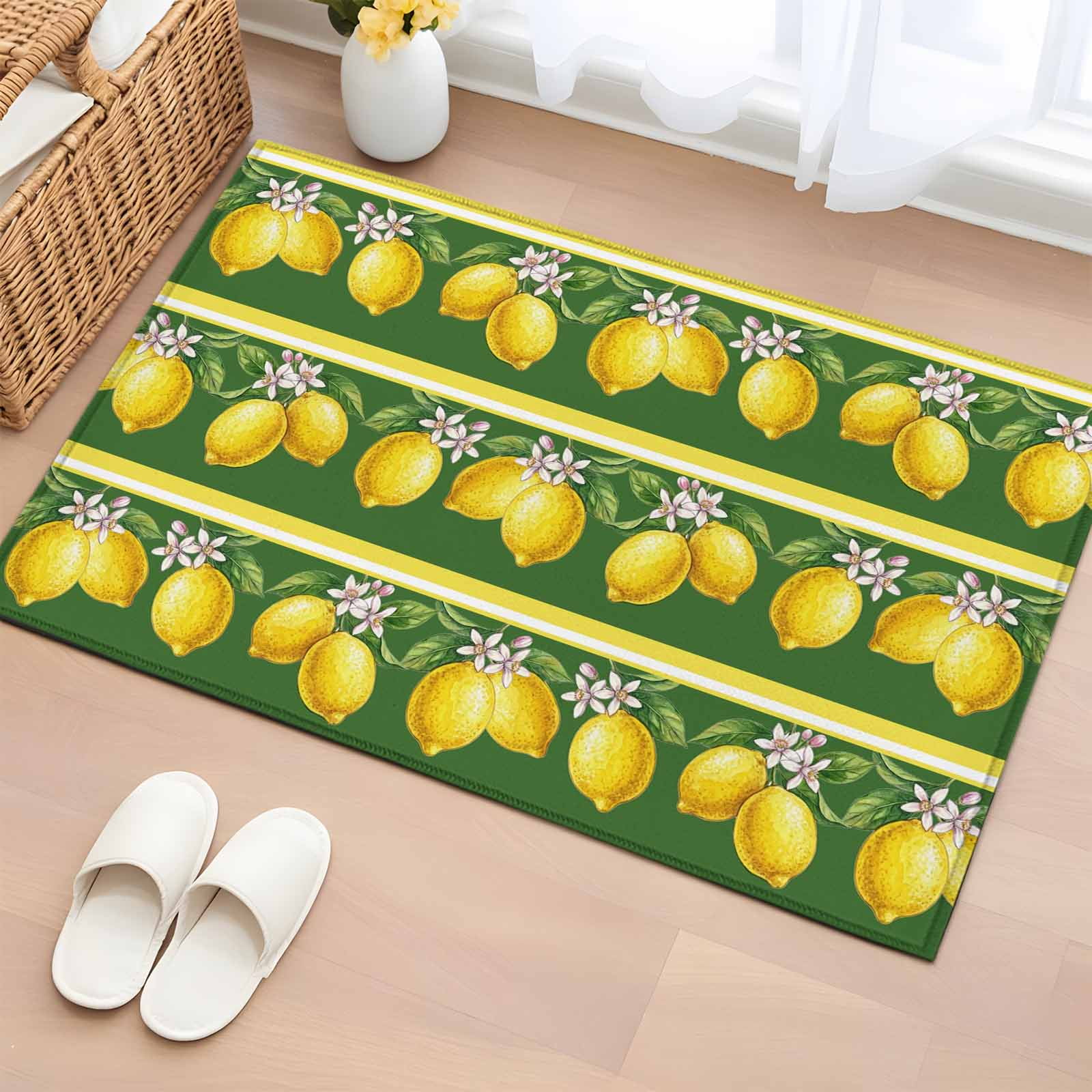 Rectangle Rug 2x3ft Area Rug Summer Lemons Green Leaves Area Rugs for Living Room Bedroom Yellow Striped Floor Mat Non-Slip Non-Shedding Carpet Indoor Accent Rugs