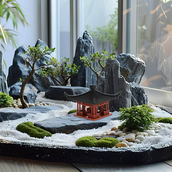 MUSEYA Japanese Figurines Chinese Pavilion Model Light Brown Indoor Decoration 1Pack