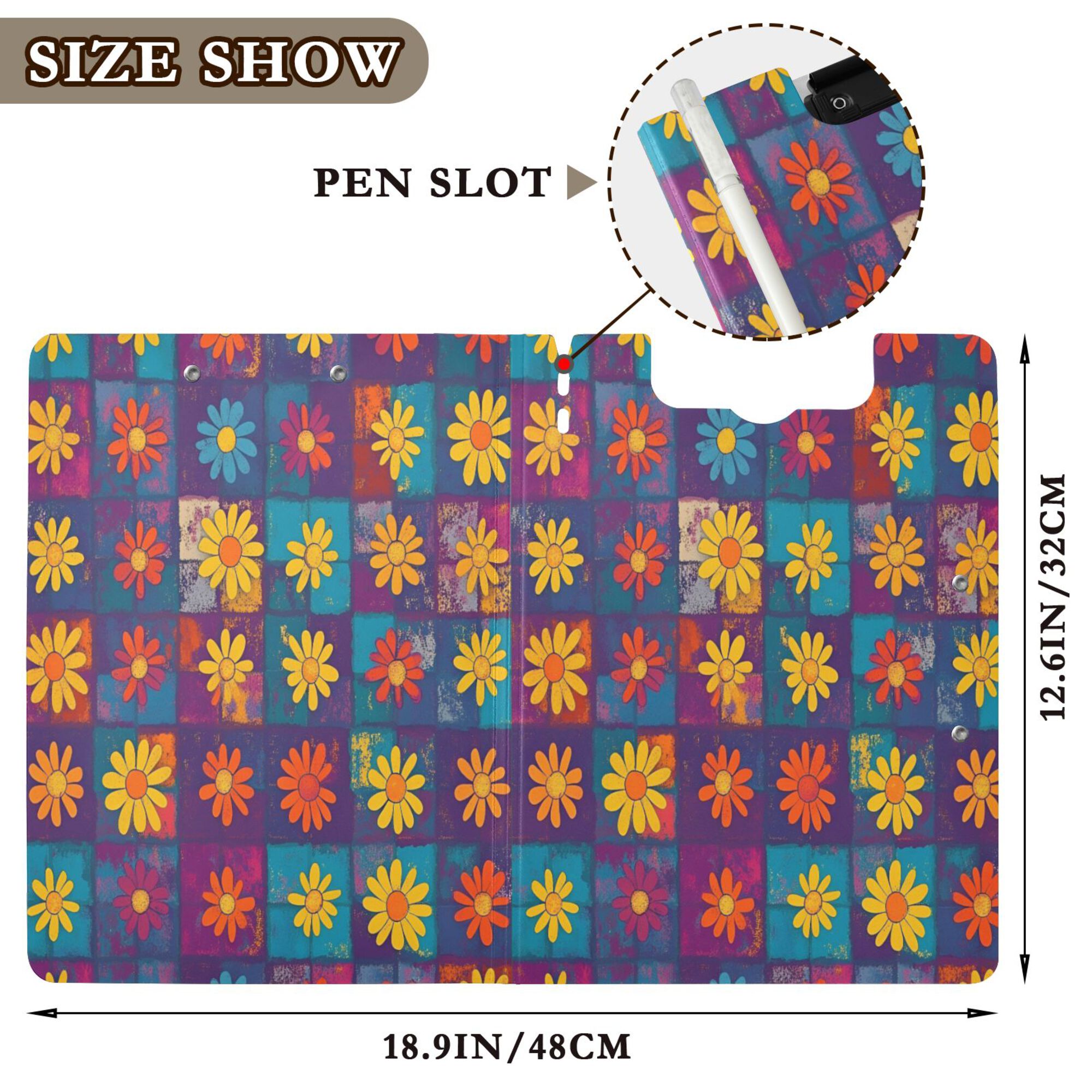 FORMRS A4 Clipboard Folder with Pen Holder Horizontal Foldable School Office Binder, Colorful Checkered Daisy