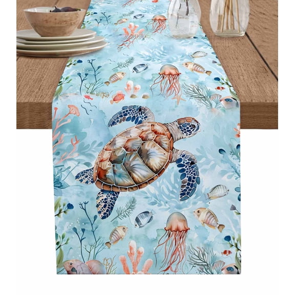 Ldtrchee Sea Turtle Table Runner 90 Inches, Summer Beach Coastal Nautical Coral Blue Red Bed Runner Dresser Scarves Tabletop for Indoor Outdoor Parties/Ceremony/Banquet, 13" x 90"