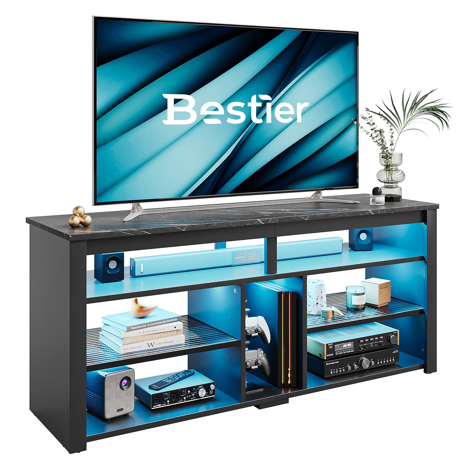 Bestier Tall TV Stand for 65" TVs,Entertainment Center with PS5 Storage,LED TV Stands for Living Room,TV console with Adjustable Storage Shelf,Black Marble TV Stand