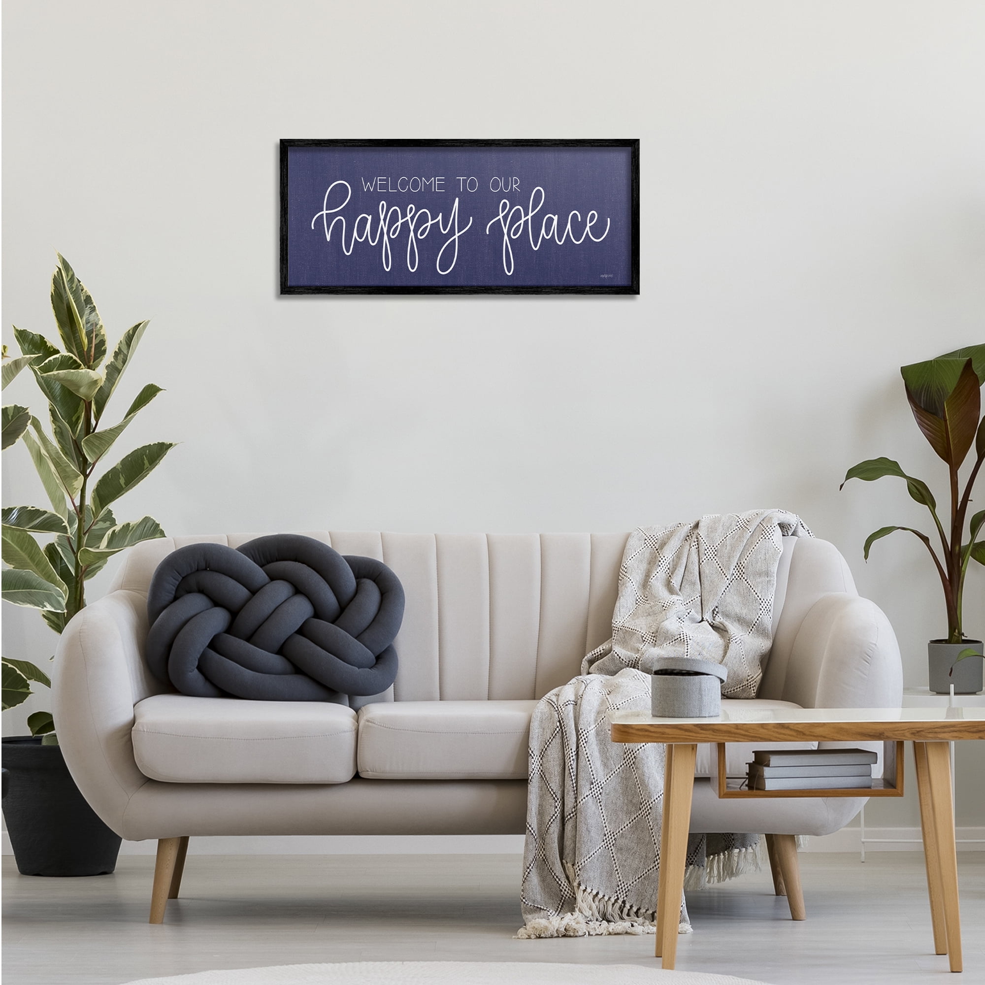 Stupell Industries Welcome Happy Place Typography Painting Black Framed Art Print Wall Art, 30 x 13