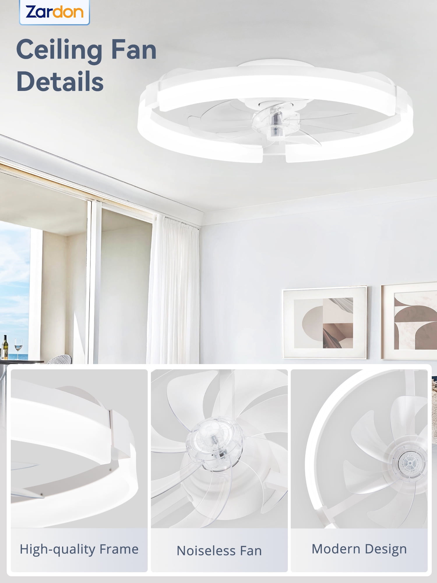 Zardon 20 inch Modern Ceiling Fan with Light and APP & Remote Control, Flush Mount Ceiling Fan, 6 Speeds, 3 Color Temperatures, Ultra Quiet DC Motor, for Bedroom, Living Room-White