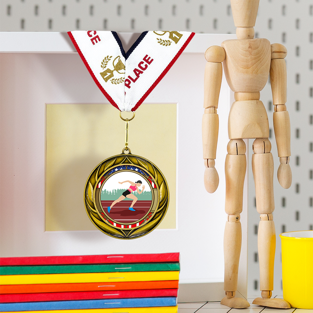 All Quality Wreath Design Track and Field Medal (female) | Competition | High Quality Metal Medal - 1st, 2nd, 3rd Place - 9 Piece Set (3 Pack)