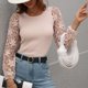 thumbnail image 2 of Otoño Invierno Suéter Ahueca Hacia Fuera Manga Larga Cuello Redondo Jersey Elástico Camisa De Punto Para Mujer Albaricoque S, 2 of 7