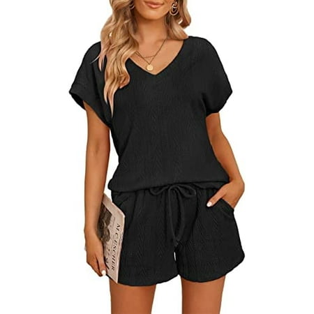 

singreal Womens Short Sleeve Pajama Set Cable Knit Drawstring Tops and Shorts Loungewear