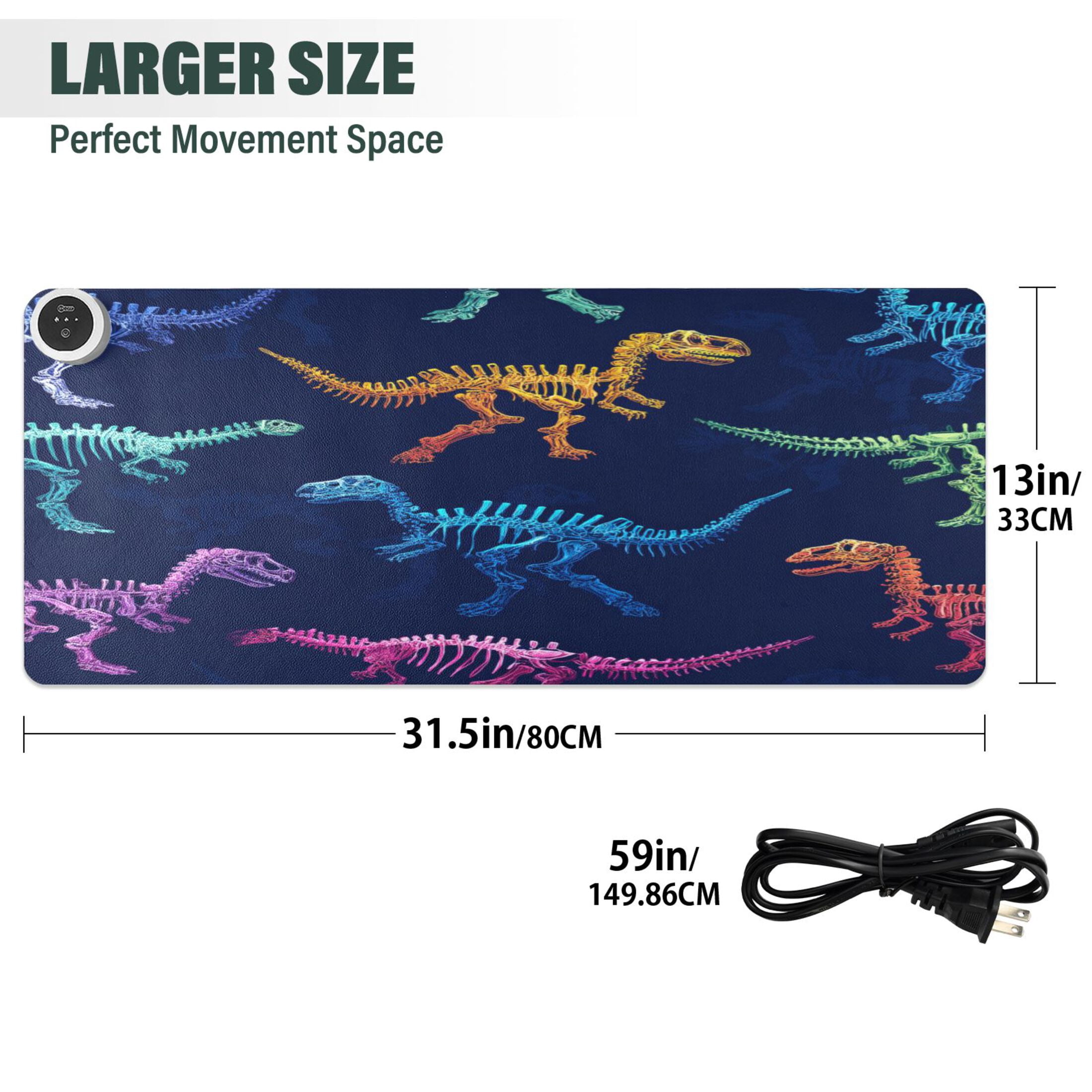 Large Heated Desk Mat Mouse Pad 31.5"x13"PU Leather Graphene Heating Desk Warmer with 3 Temperature Settings 110V US Plug Non-Slip Warm Pad for Home, Office, and Gaming Vividly Colored Dinosaur Bones
